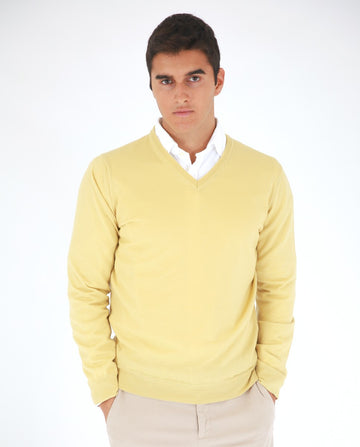 Camisola Decote em V 100% Lã Merino em Amarelo Claro